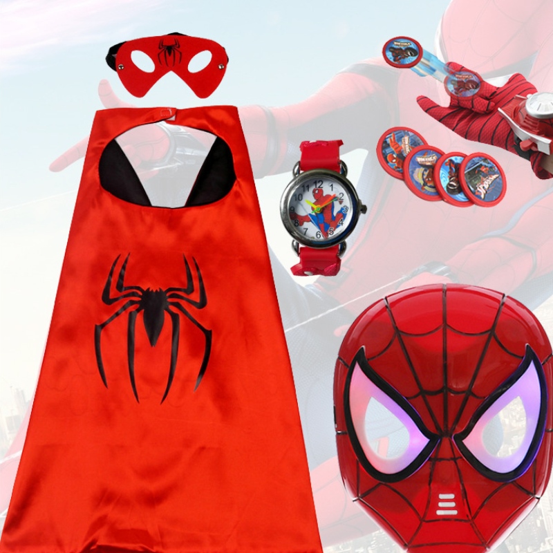 Spiderman Mask Halloween Children Cape Cartoon Anime Toy Launcher Shield Watch Set