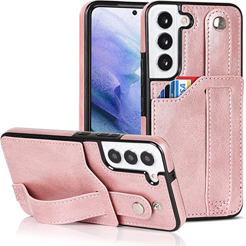 Progettato per il portafoglio Samsung Galaxy S22 5G con cinghia del polso regolabile Porta di credito in pelle PU supporto per carta di credito pesante Ibrida coperta di protezione robusta per donne da uomo 6,1 pollici rosa