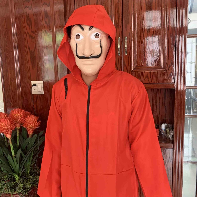 Costume da Dali rosso più economico con Maschera in copertina per salto con cappuccio di denaro Heist Halloween Costume da cosplay