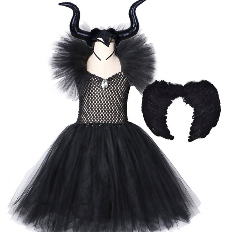 Bambini Black Devil Tutu Costume Halloween Girls Fancy Tutu Abito tutu con scialle di piume Regin Dark Queen Maleficent Abito