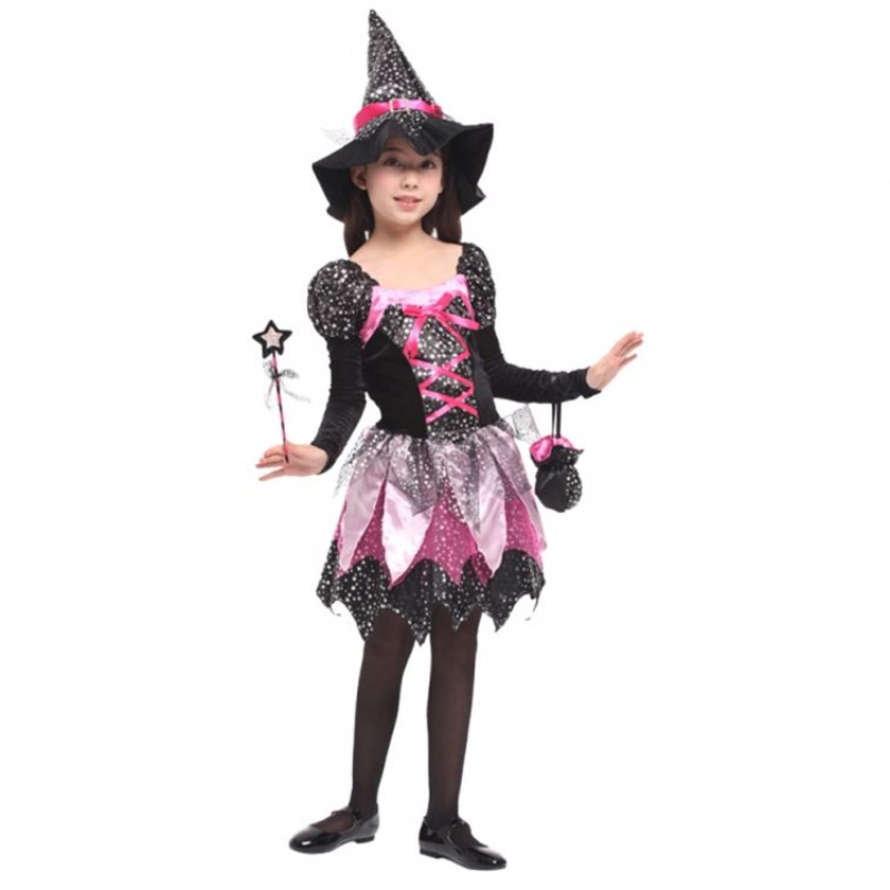 Bacchette per bambini vestiti abiti da strega di Halloween costume scintillanti ad abito da cosplay stampato con cappello appuntito