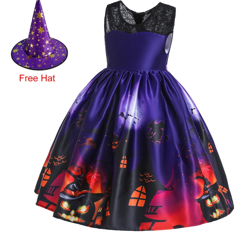 Abito a manicotto volante per bambini Halloween Princess Costume Ghost Stampa con cappello