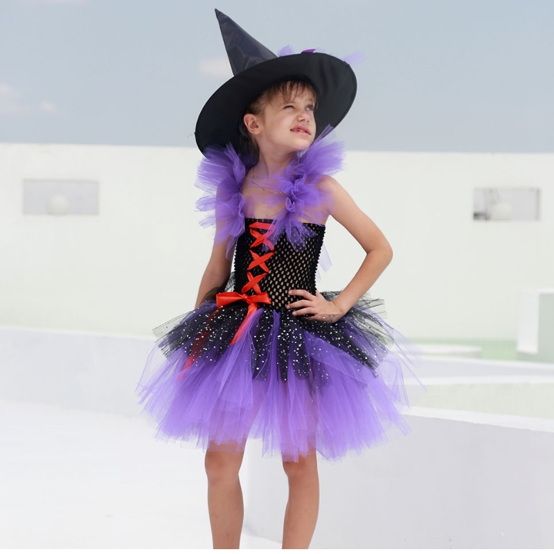 Amazon Hot Selling Tutu Witch Dress costume per ragazze con cappello da stregone Halloween Carnival Party