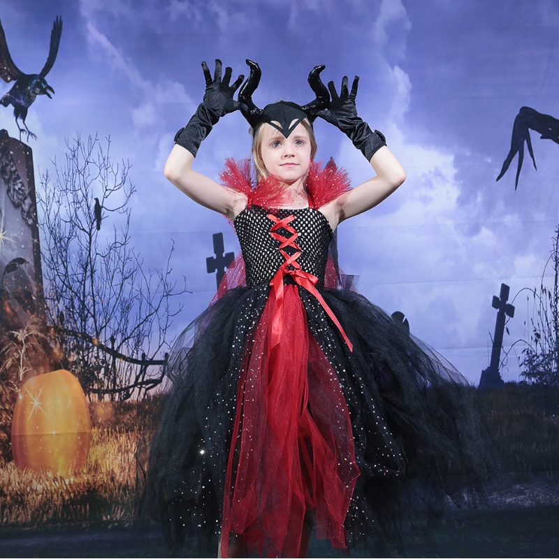 Amazon Hot Selling Kids Girls Deluxe Halloween Vampire Witch Costume Fairy Princess Evil Dress Tuts Horns Headband