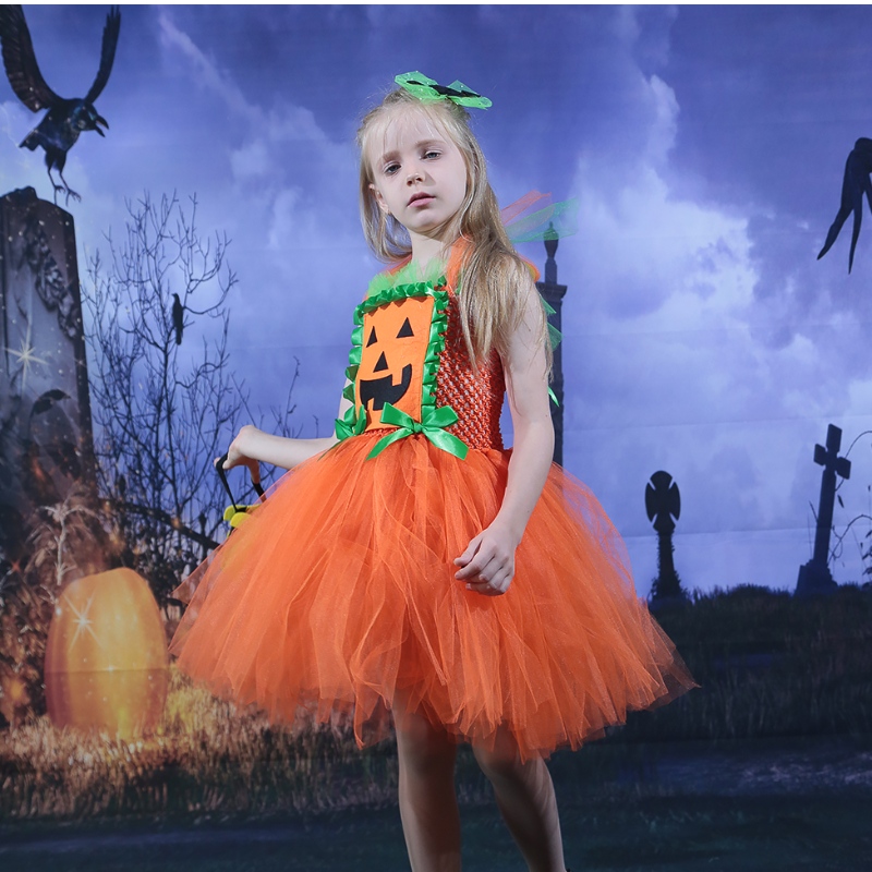 Amazon Hot Selling Kids Girl Abito Halloween Abito tutule a maglie di zucca tutu