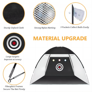 Allenamento all\'aperto golf che colpisce le reti esercitati alla guida con tappetino