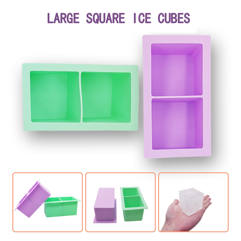 Silicone vassoio cubo di ghiaccio, 2 fori stampi per cubetti di ghiaccio, vassoio di ghiaccio quadrato, muffa per ghiaccio, vassoio per cubetti di ghiaccio per frigorifero, ampio muffa di ghiaccio per cocktail e bourbon, succo di succo, cibo per bambini, vassoio per cubetti di ghiaccio del congelatore, BPA gratuito. Set regalo