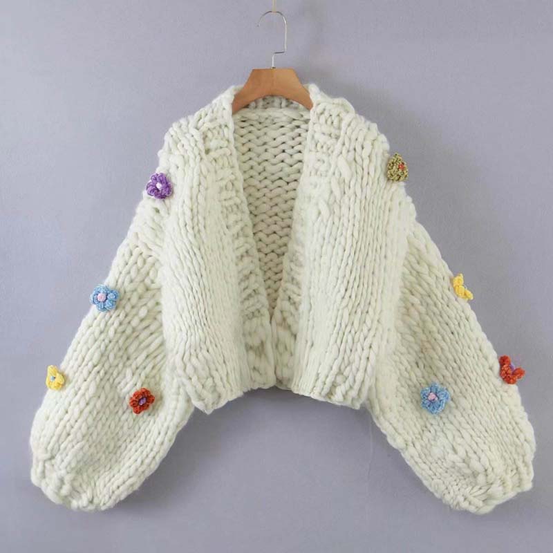 Colore solido Acrilico in cotone a maniche corte Cardigan Flower Flower Tridimensional Women Sweater per estate