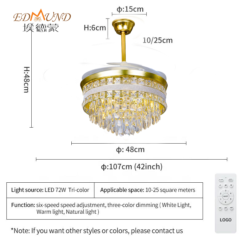 K010 lampadario ventilatore a soffitto con luce con lampadario a ventole di cristallo da 42 pollici remoto con lampadario