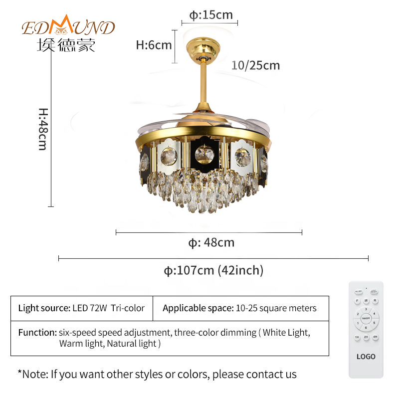 K013 lampadario ventilatore a soffitto con luce con lampadario a ventole di cristallo da 42 pollici remoto con lampadario