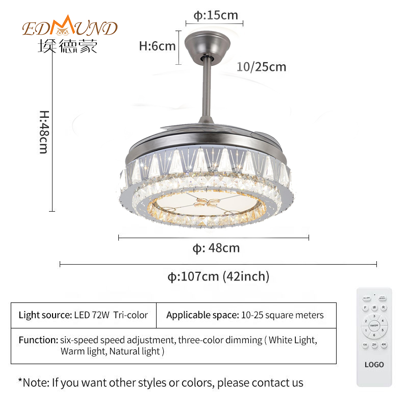 Ventola del soffitto del lampadario K015 con luce con lampadario a ventole di cristallo da 42 pollici remoto con lampadario