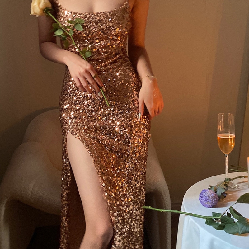 Champagne sexy leggero lussuoso abito da paillettes di paillettes party di fascia alta luminosa abito di gonna da piccole dimensioni