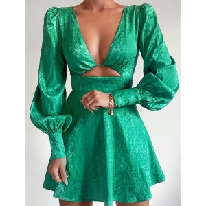 Abito a Vesto Vesto a V-Neck Abito a manicotto Lantern Short Spring Vintage Style A-Line Dress