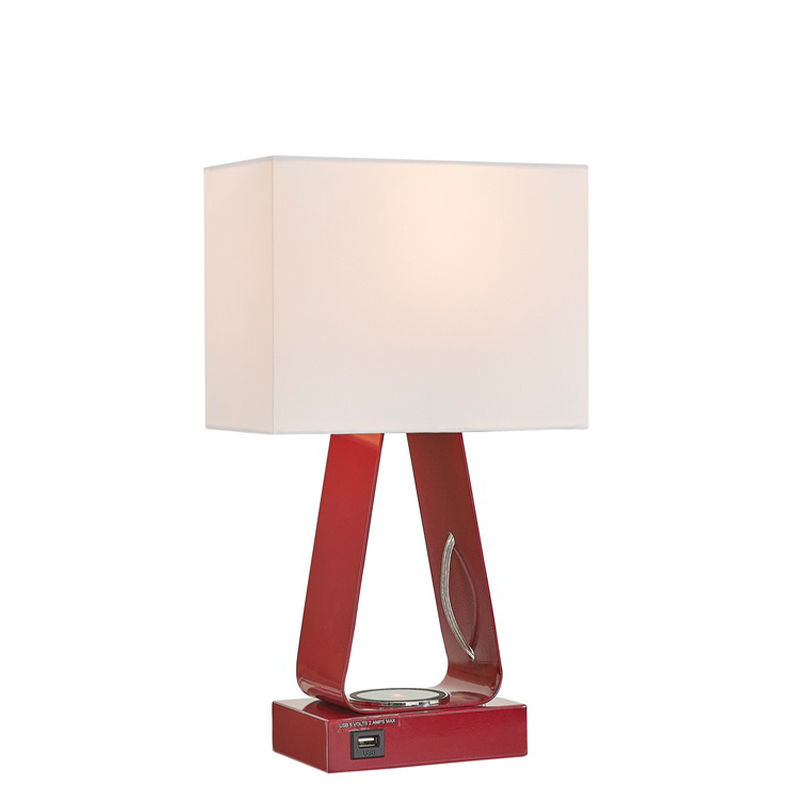 Piccolo lampada da scrivania con finitura rossa, una porta di ricarica USB, una stazione di ricarica wireless e un interruttore a rocker su/off presso la camera