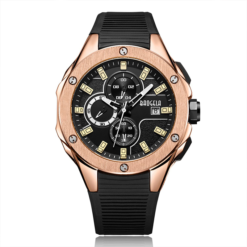 Baogela Luxury Brand Men Silicone Sports Watchs Fashion Army Watch Man Chronograph Quartz Owatch Relogio Masculino Rose 22608
