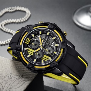 Baogel Men \\\\ \'S Black Silicone Cint Quart Watchs Chronograph Sports Owatch per Man 3atm Waterproof Luminose Hands Yellow 23701
