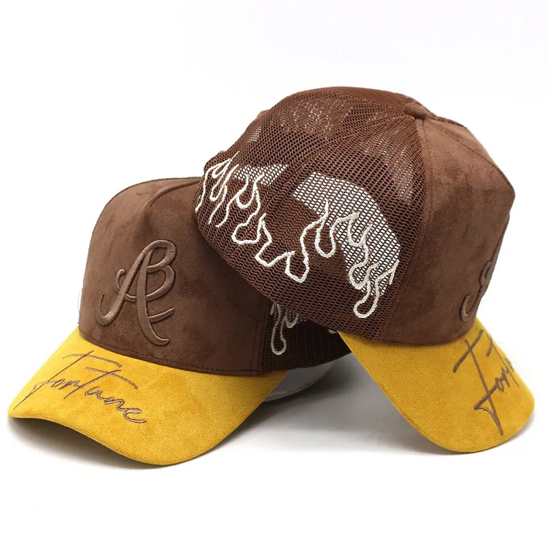 Factory Custom Suede Trucker Cappello Logo di ricamo BRIM Fair Mesh Trucker Cappelli