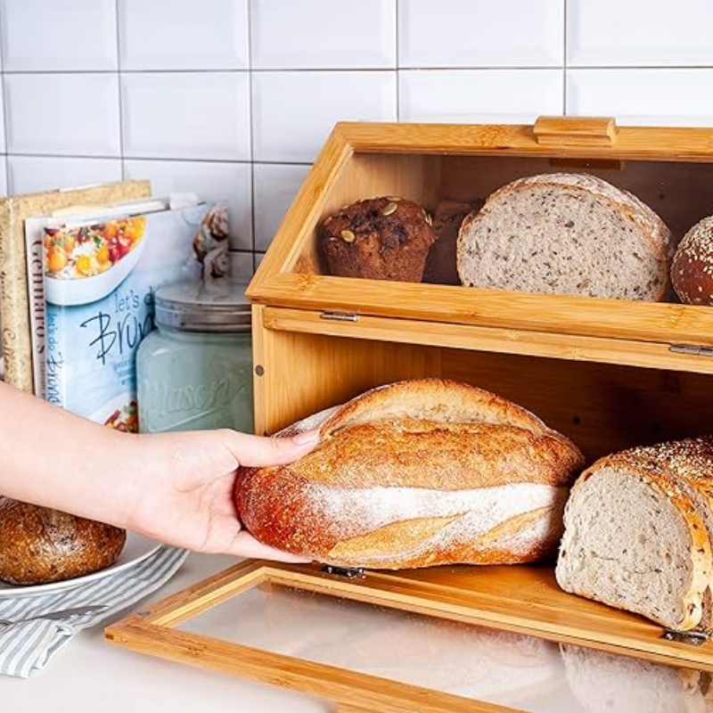 Box di pane di bambù per bancone da cucina - Presentazione del pane a doppio strato con finestre trasparenti - bidone del pane in stile fattoria rustico