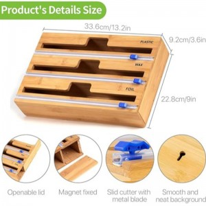 Distributore di avvolgimento da 3 in 1 con taglierina, involucro di plastica, foglio di alluminio e distributore di carta per cera per il cassetto della cucina, supporto per organizzatore rotolo di bambù, compatibile con 12 \\\\ \\\"rot...