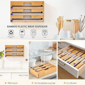 Distributore di avvolgimento da 3 in 1 con taglierina, involucro di plastica, foglio di alluminio e distributore di carta per cera per il cassetto della cucina, supporto per organizzatore rotolo di bambù, compatibile con 12 \\\\ \\\"rot...