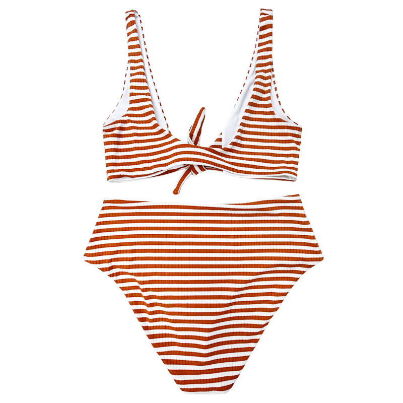 Striscia bianca arancione arancione a spalla larga spalla comoda costume da bagno a due pezzi in vita alta