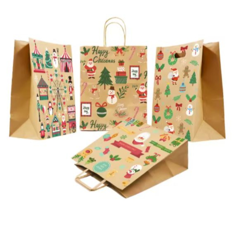 Sacchetti di carta di Natale marroni con manici contorti sacchetti regalo festivi personalizzati con borse di carta all'ingrosso di badge