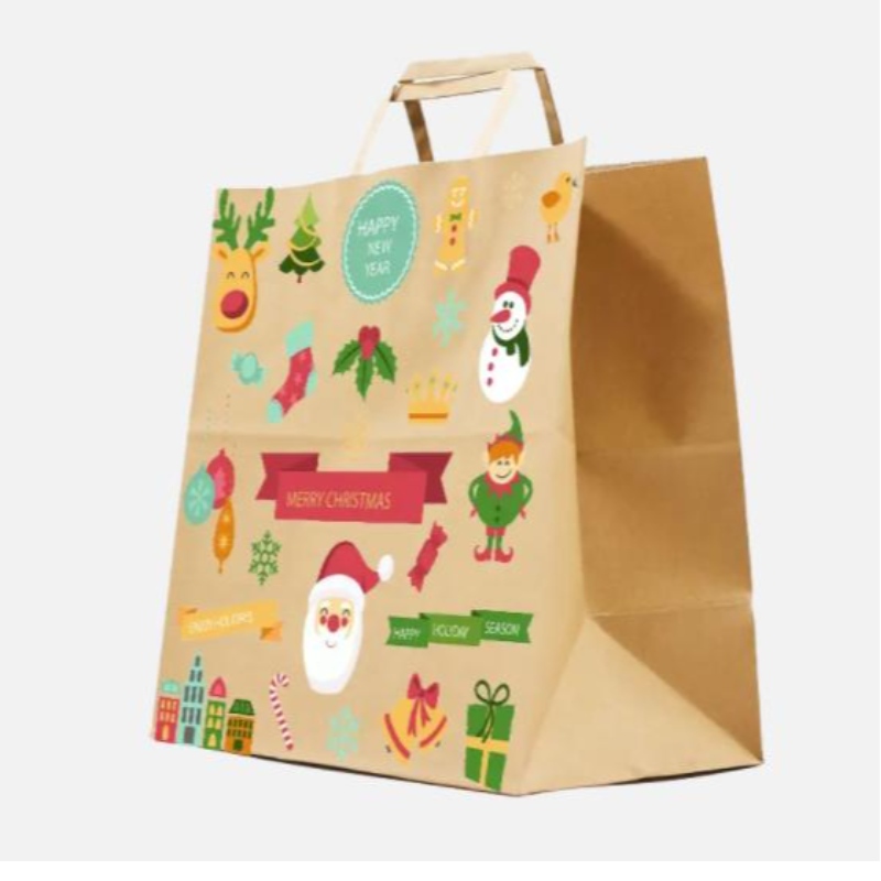 Sacchetti di carta di Natale marroni con manici contorti sacchetti regalo festivi personalizzati con borse di carta all'ingrosso di badge