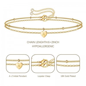 Bracciale Hongde Golden Heart placcato oro 18 carati lettera A-Z Bracciale iniziale con bracciale a forma di cuore
