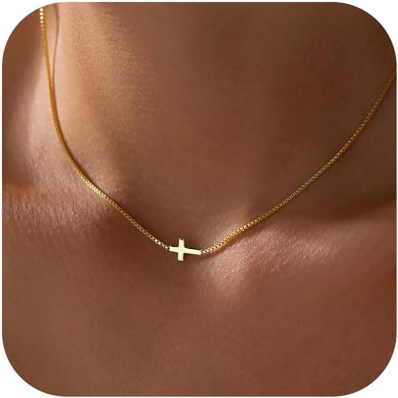 Collana con croce per donna 14K Oro reale Placcato argento Delicato piccolo ciondolo a forma di croce Girocollo Semplice alla moda Collana con ciondolo a forma di croce Collana con fede Gioielli Religiosi Minimalista Regalo