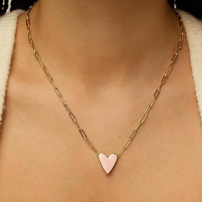 Collana con pendente a cuore smaltato placcato oro 14 carati per le donne Collane a catena con graffetta per amore Pendenti a cuore con smalto bianco blu rosa viola