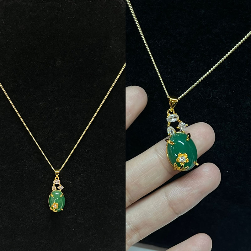 Collana a sospensione ovale in giada verde opulenta con accenti di zircone bianco, oro-Ambientazione placcata, donne eleganti\gioielli