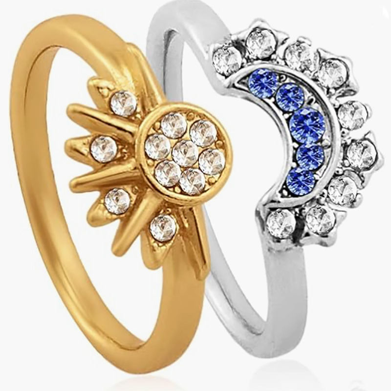 Anello regolabile del sole e della luna celeste - 18k oro & In lega di rame placcata in platino aperto-Anello a fascia con bianco & Zirconia cubica blu per amanti dell'astrologia e elegante usura della moda