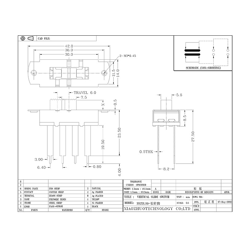 interruttore a disattivazione SS23L16 PIN LUNGO INTERRUTTORE ATTREZZATURE MEDICI ATTREZZATURE INDUSTRIALE SUGGERIMENTO TRE TRE-Posizionare l'interruttore scorrevole
