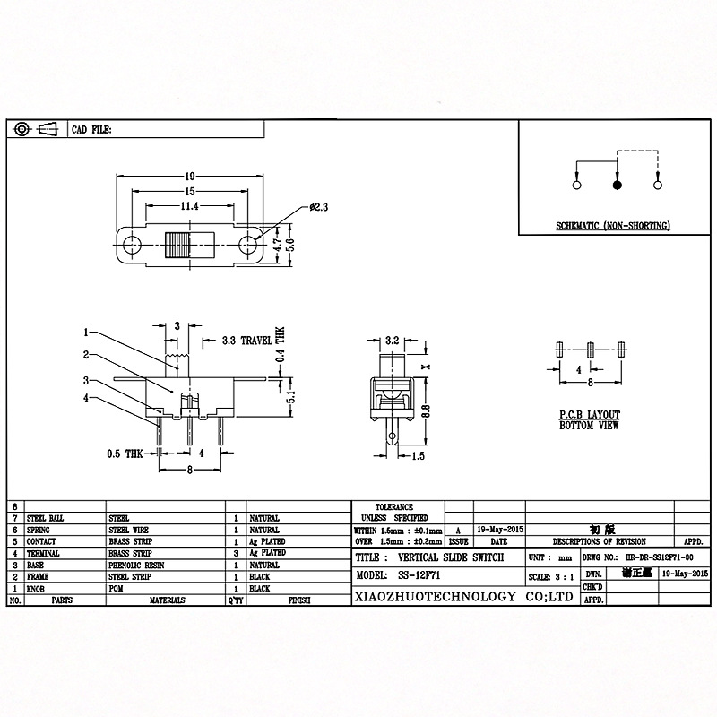 Scivolo Interruttore SS12F71 per illuminazione, elettrodomestici e piccoli elettrodomestici, un 1-posizione single-Fila terza-Pin Vertical Sluit Switch