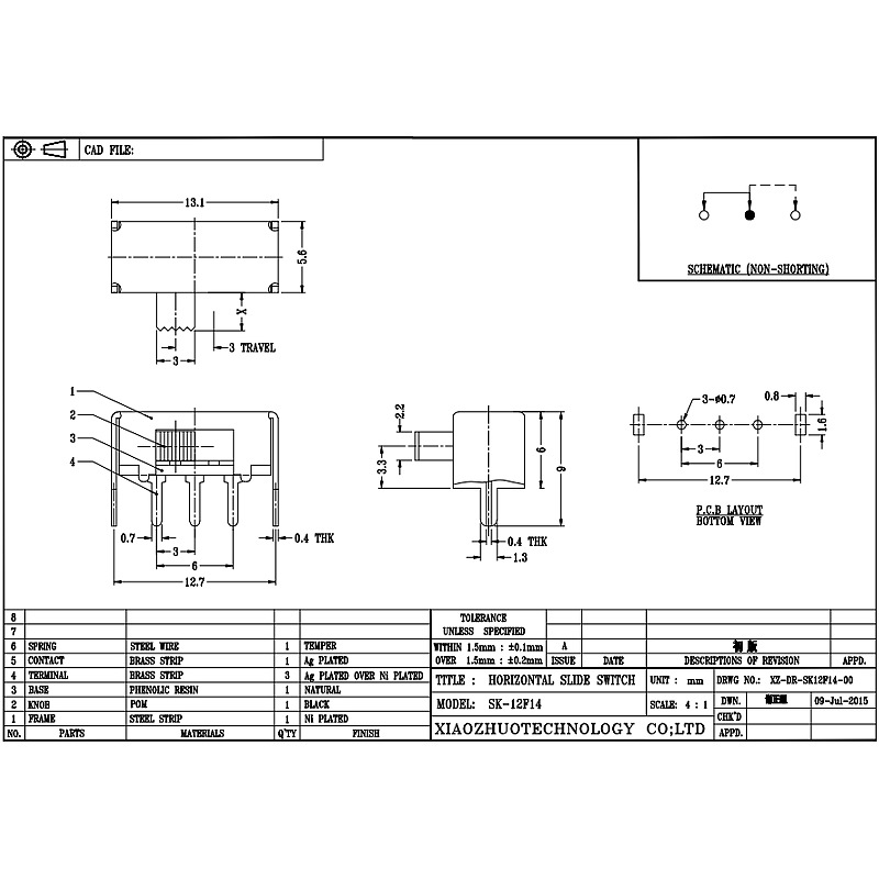 Scivolo Interruttore SK12F14 lato-Tirare l'interruttore orizzontale, lampada del soffitto-Pull Slide Switch, singolo-Fila 3-Pin Vertical Sluit Switch