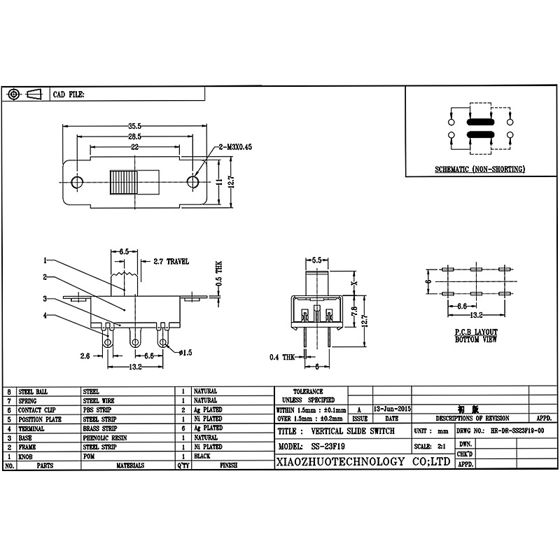 Scivolo Interruttore SS23F19, doppio-Riga 6-Pin tre-Posizionare l'interruttore di scorrimento, interruttore di diapositiva DVD dinavigazione in auto